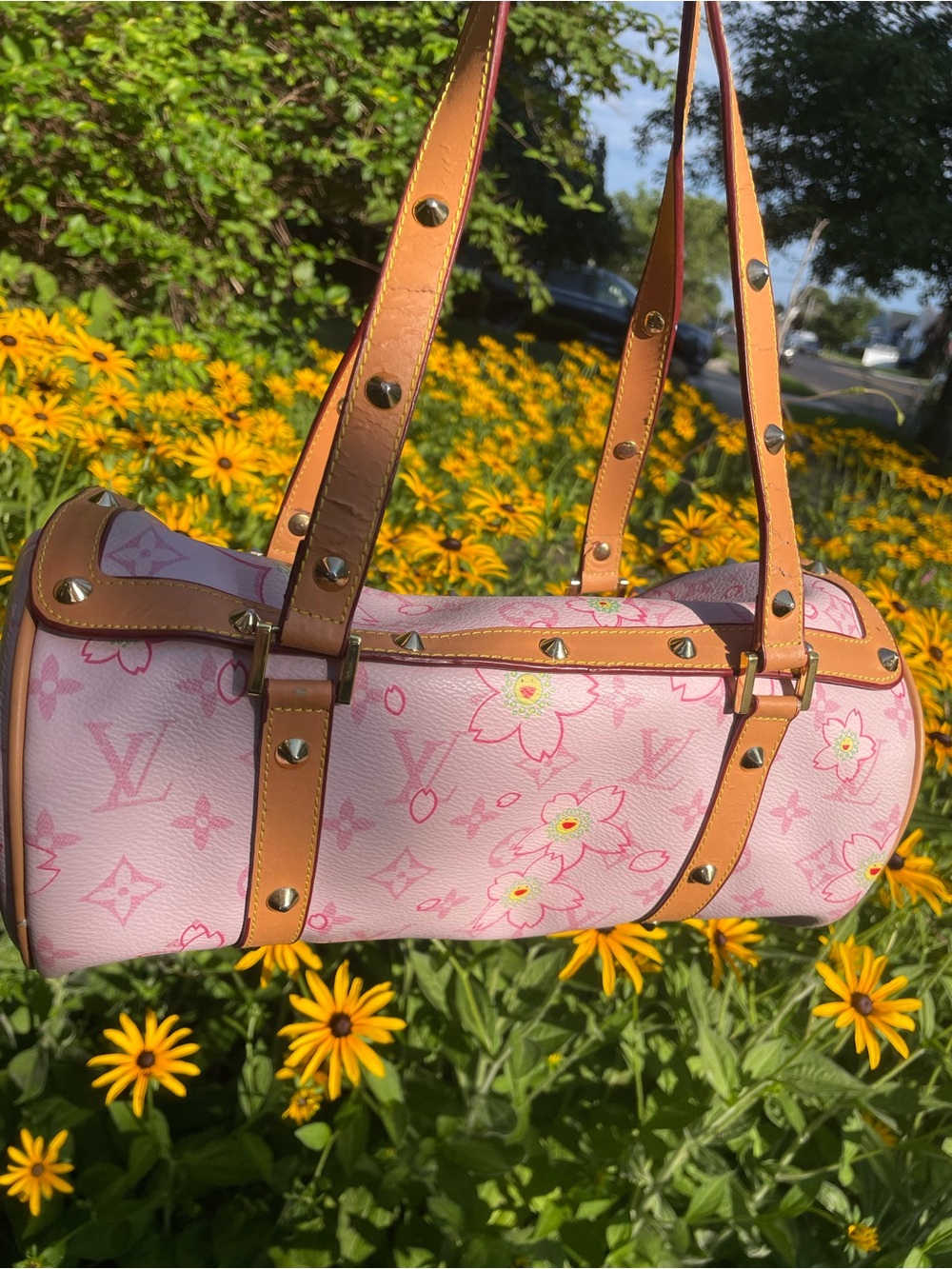 Pink floral cherry blossom leather barrel purse